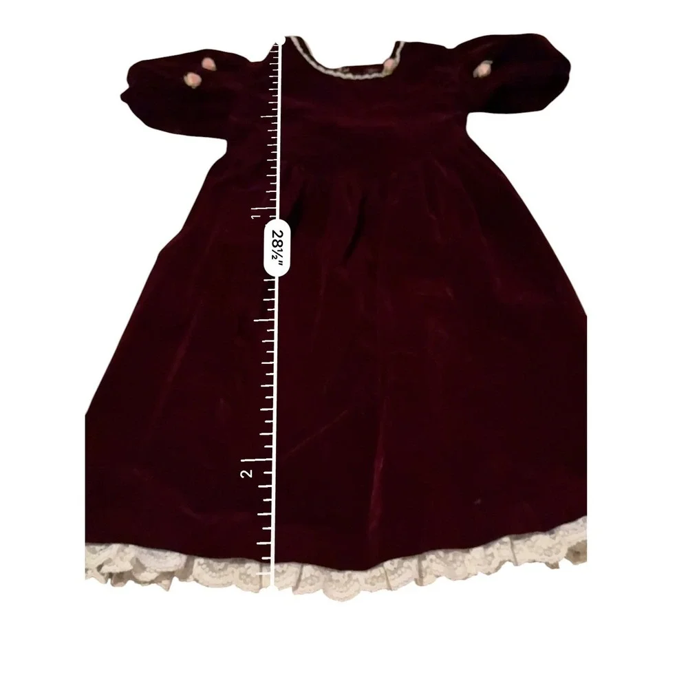 Vintage OshKosh Velvet Dress Girls 6X Burgundy Puff Sleeve Lace Rose Holiday‎